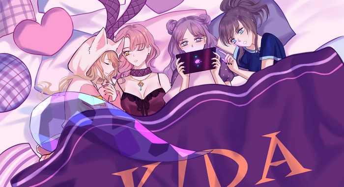 Anime girls in bed playing video games