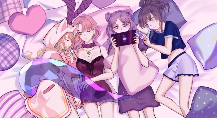 Anime girls in pajamas on a bed
