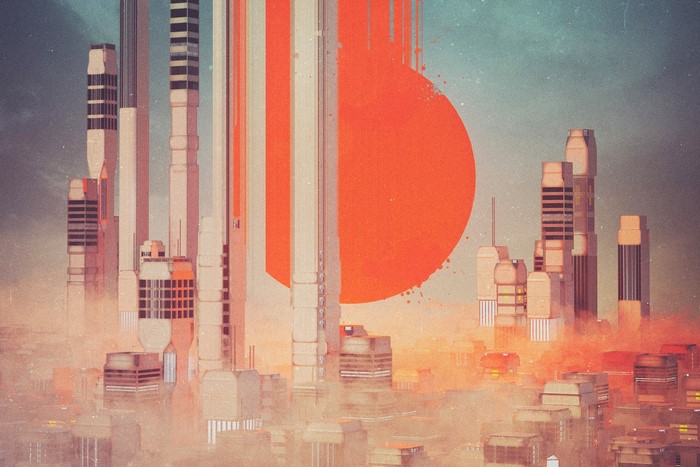 Futuristic city with a large orange sun