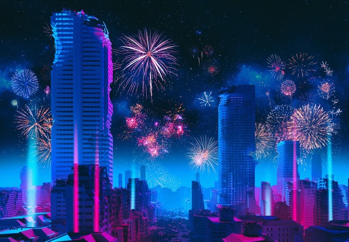 Futuristic cityscape with fireworks