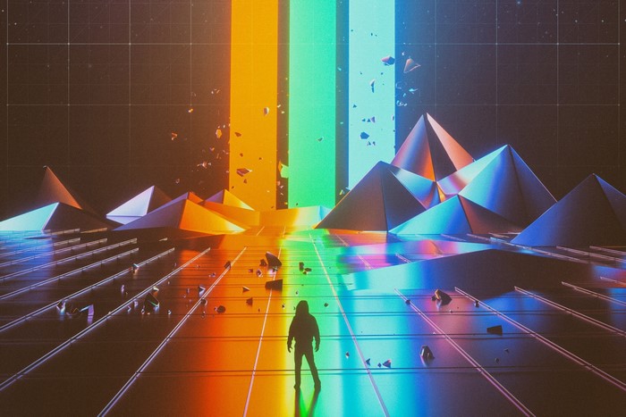Artwork by Mike Winkelmann with geometric landscape and colorful lights