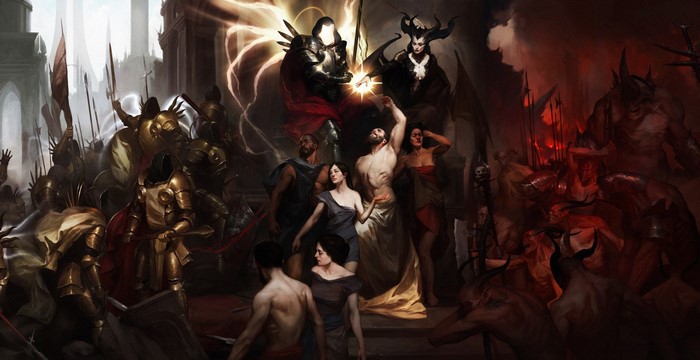 Diablo 4 artwork depicting a battle between angels and demons