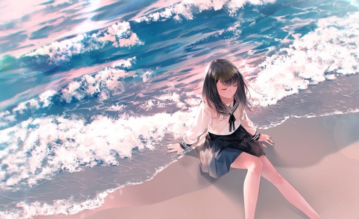 Anime girl in school uniform on a beach with waves