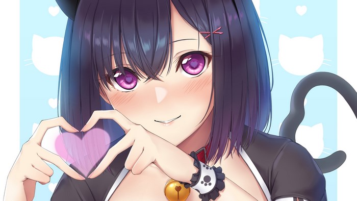 Anime cat girl with purple eyes and dark hair
