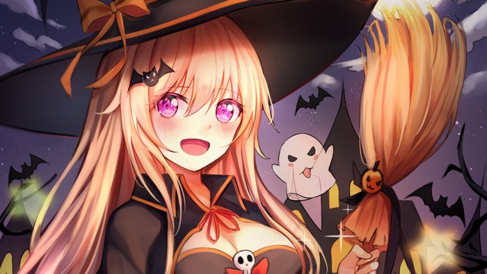 Anime girl in witch costume with broomstick for Halloween