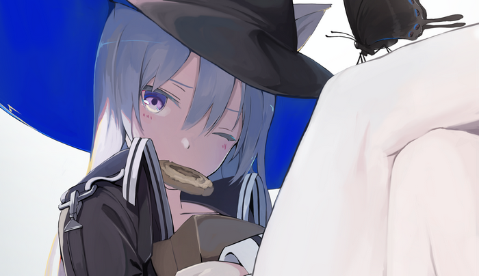 Anime girl with white hair and cat ears eating a cookie