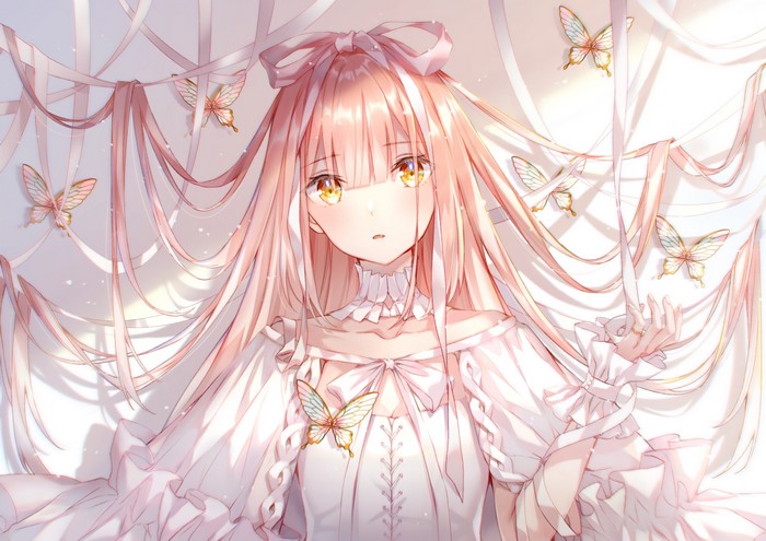 Anime girl with pink hair and yellow eyes surrounded by butterflies