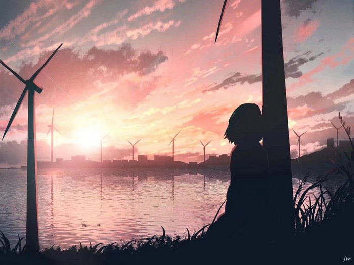 Anime girl silhouetted against a sunset with wind turbines