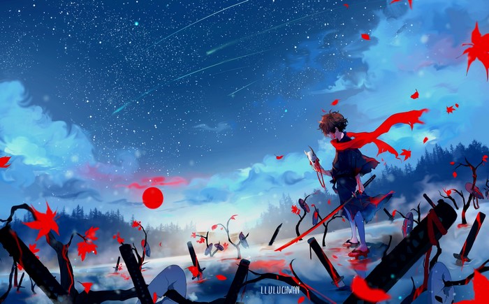 Anime character with swords under starry sky