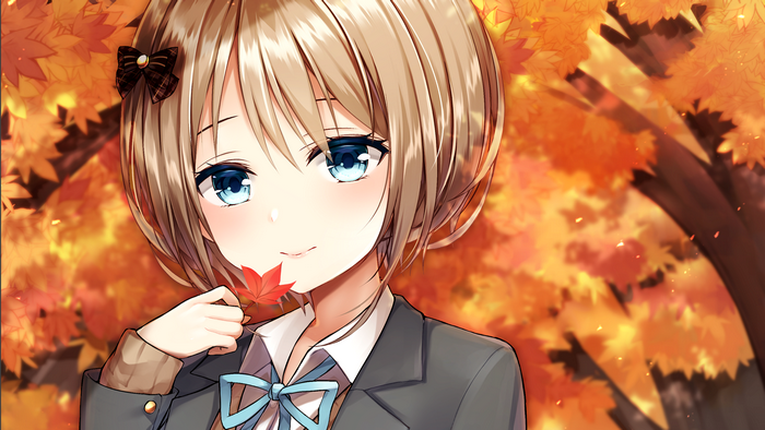 Anime girl with short blonde hair and blue eyes