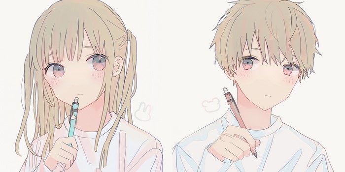 Anime girl and boy holding pens