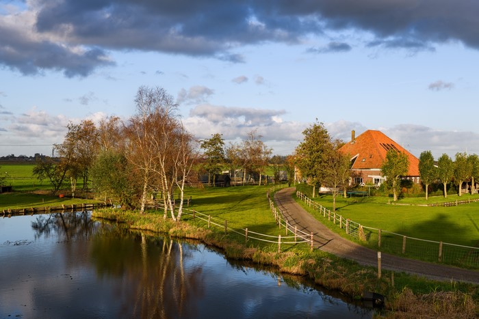 Farmhouse with pond and road in the Netherlands