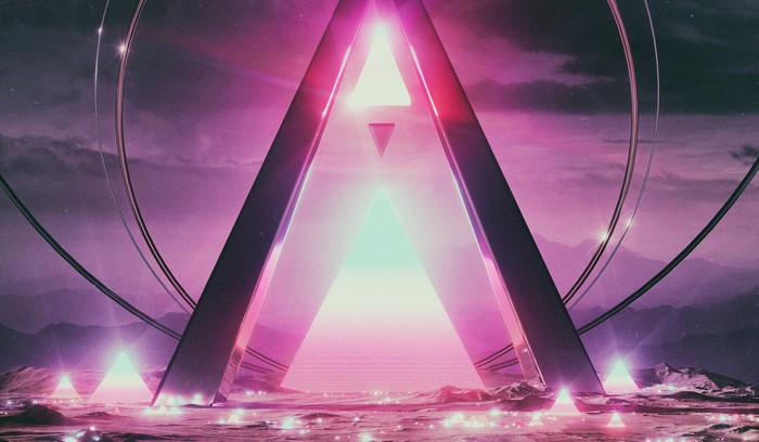 Futuristic digital art with glowing pyramids