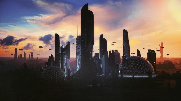 Futuristic city skyline at sunset with flying vehicles