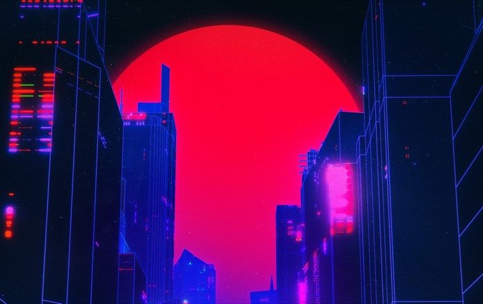 Retrowave cityscape with a large red sun