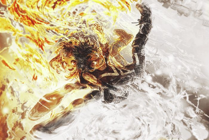 Deku and Uraraka from My Hero Academia with fire and ice powers