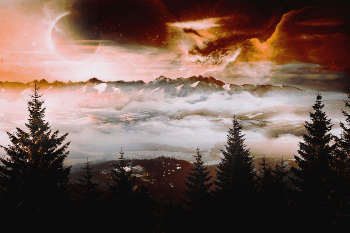 Fantasy landscape with planet and mountains