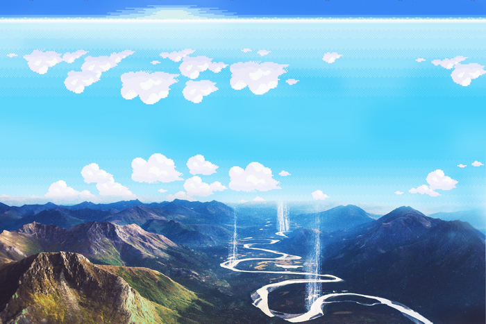 Pixelated Mountain Landscape with River and Waterfalls