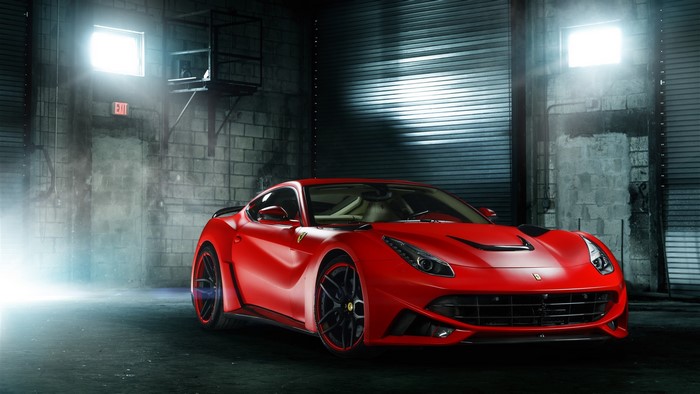 Red Ferrari F12 in a garage