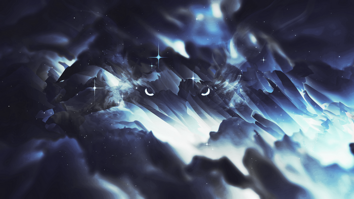 Abstract wolf face with glowing eyes in starry nebula