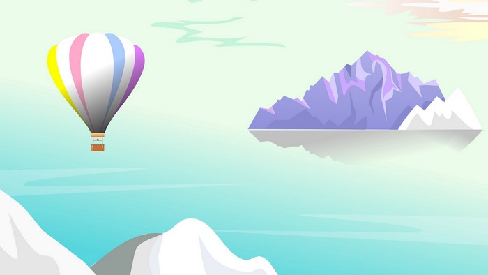 Hot air balloon over water with mountains