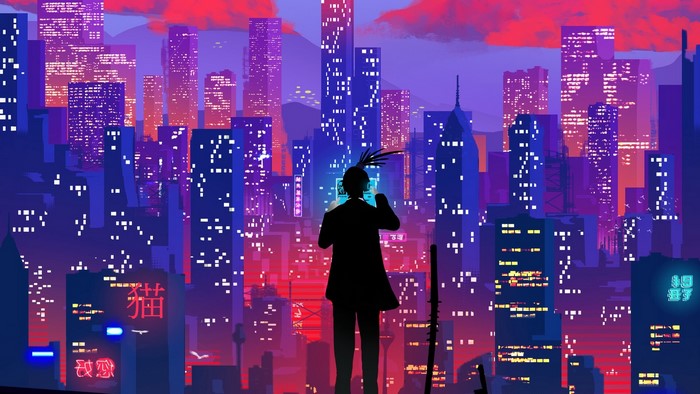 Silhouette of a person overlooking a futuristic city at night