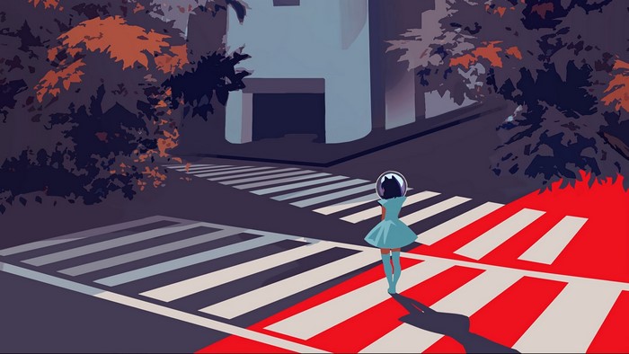 Woman in a dress with a cat helmet crossing a street