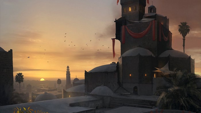 Islamic architecture at sunset with birds flying
