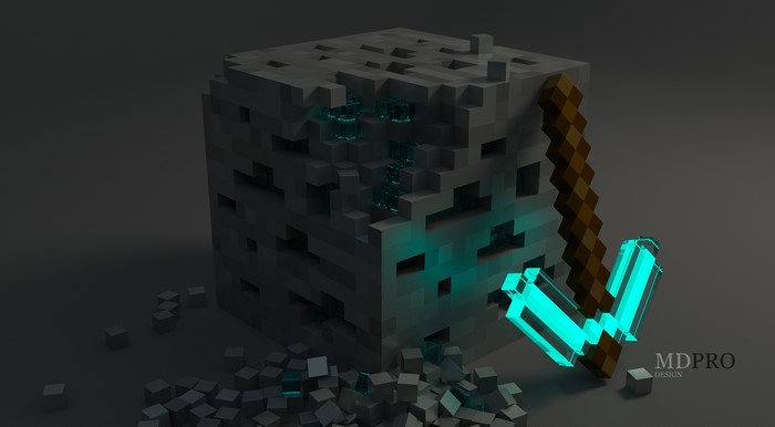Minecraft Diamond Ore and Pickaxe 3D Artwork
