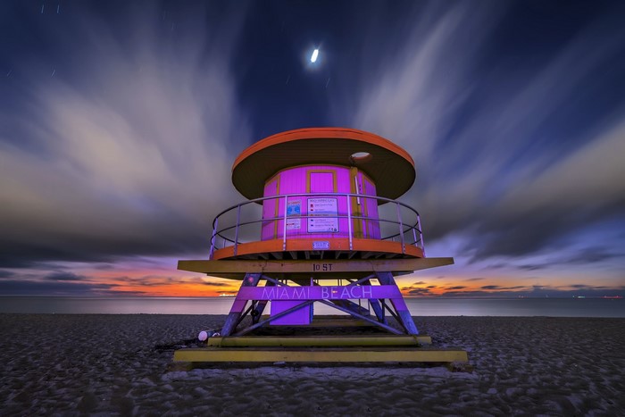 Miami Beach lifeguard tower at night