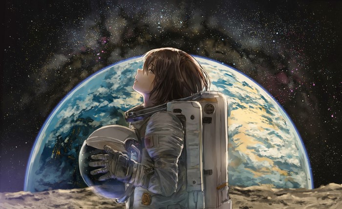 Anime girl astronaut on the moon with Earth in the background
