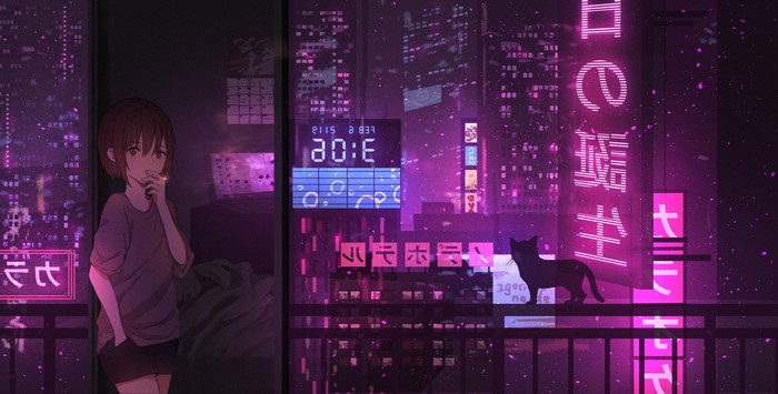 Anime girl smoking on a balcony with a cat and neon city at night