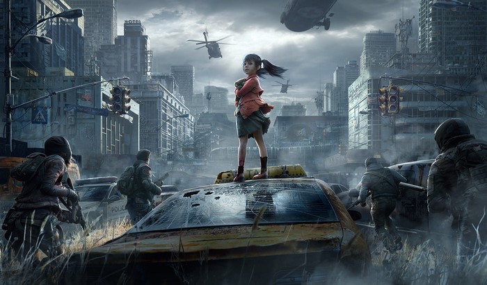 Girl standing on taxi in ruined city with helicopters