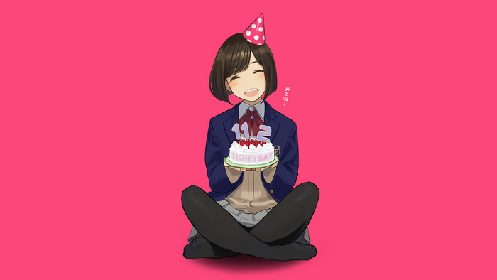 Anime girl in school uniform holding a cake