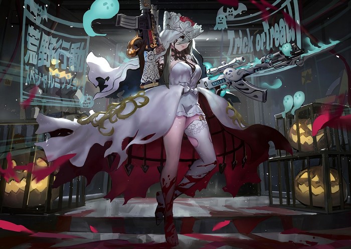 Anime girl in white dress with guns and Halloween decorations