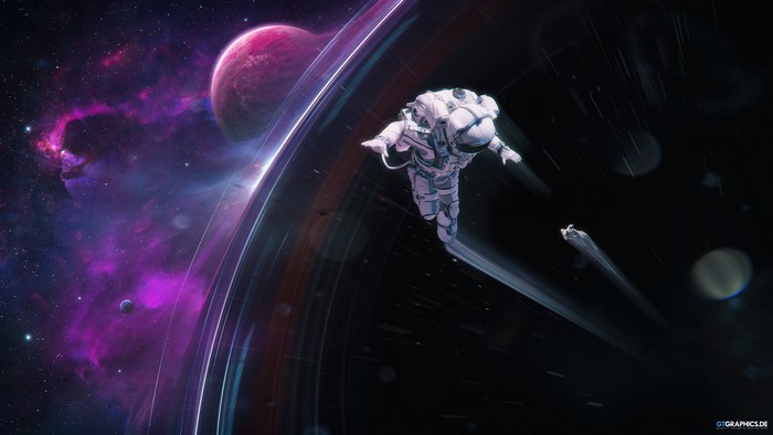 Astronaut near a ringed planet and nebula