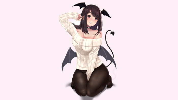 Succubus girl with bat wings and tail wearing sweater
