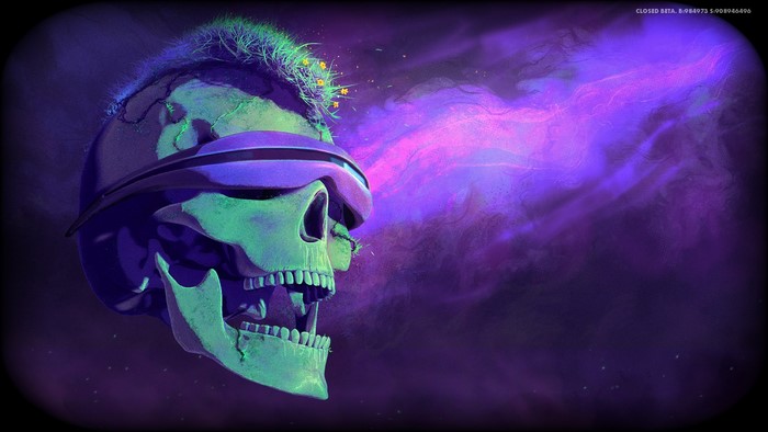 Skull with VR headset and purple smoke