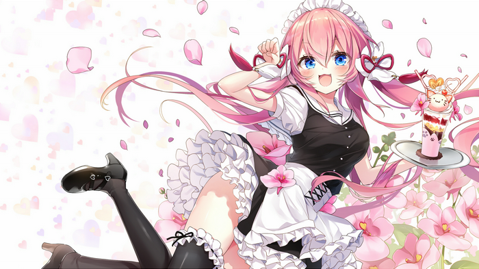 Maid girl with pink hair and blue eyes holding a parfait