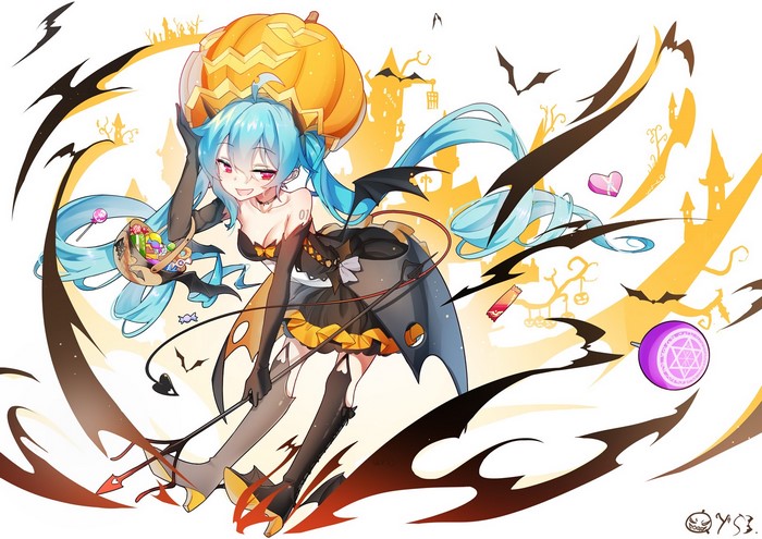 Anime girl with blue twintails and pumpkin hat, Halloween theme