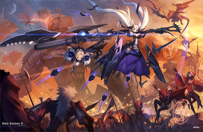 Anime girls with guns and dragons in Pixiv Fantasia V