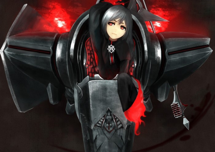 Anime girl with gray hair and red eyes in a mech