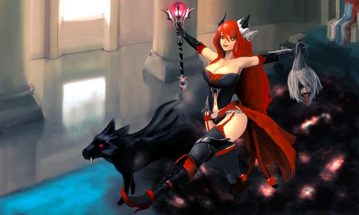 Woman with red hair and wolf from Pixiv Fantasia: Fallen Kings