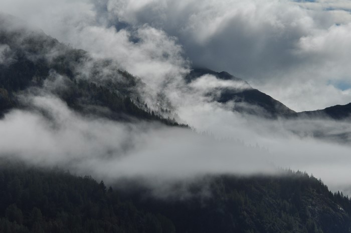 Mountains shrouded in mist and clouds