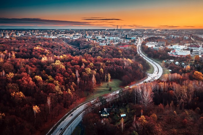 Aerial view of Kaunas, Lithuania in fall