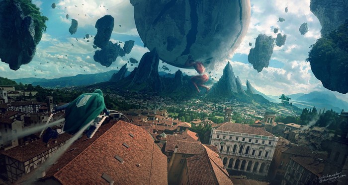Attack on Titan fan art with Survey Corps and a giant