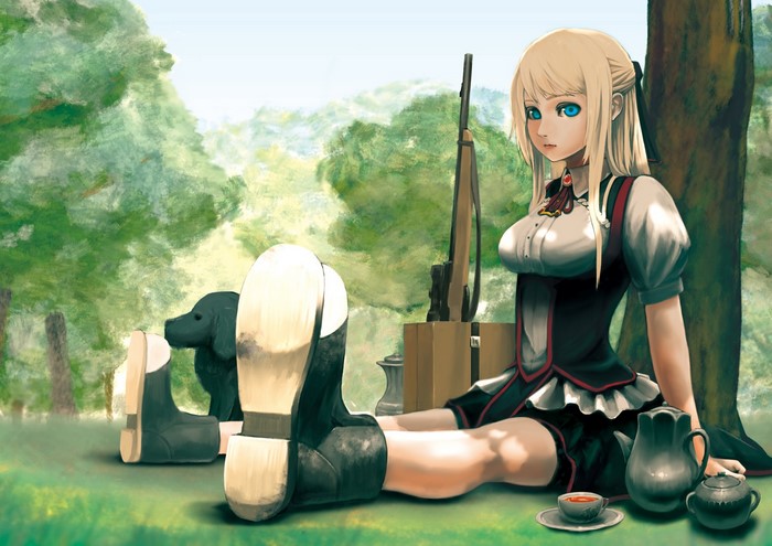 Anime girl with blonde hair and blue eyes sitting with a dog