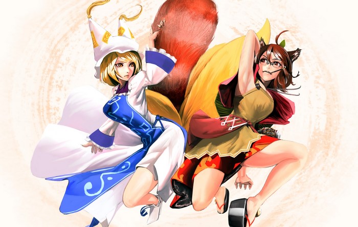 Two anime girls with fox ears and a witch hat