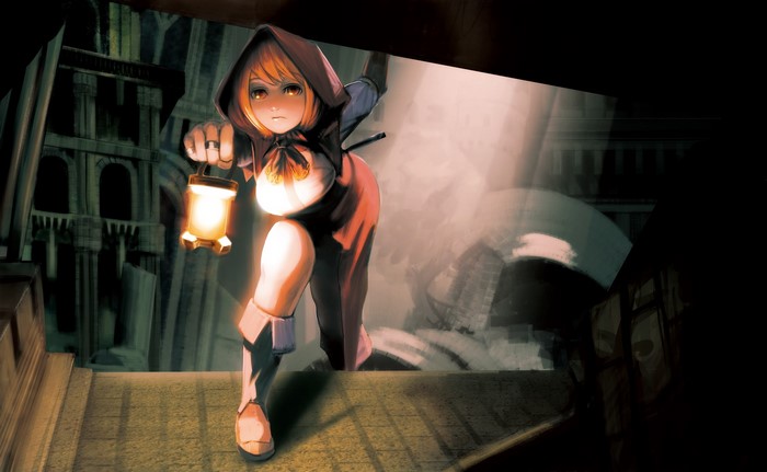 Fantasy girl with lantern in ancient ruins