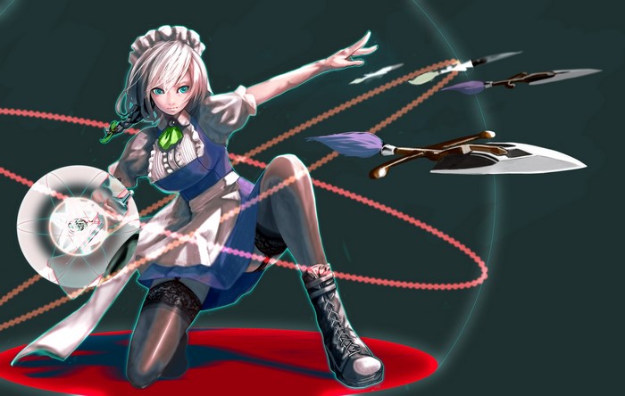 Izayoi Sakuya from Touhou holding a shield and throwing knives